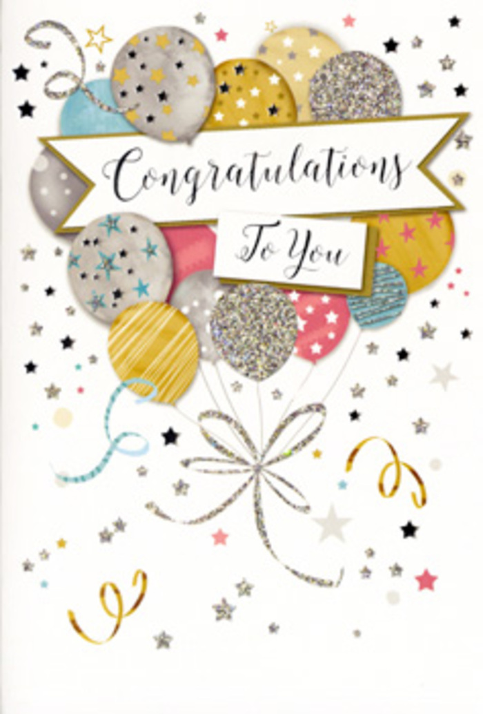 The image displays an elegant congratulations card design that feels tailored for marking life's proudest moments in Cobham, from first jobs to well-earned promotions. Dominating the composition is a cluster of illustrated balloons that appear to float gently upwards, their rounded forms overlapping in an easy, natural way. Each balloon is painted in complementary tones of metallic gold, silver, champagne, sky blue, soft pink, and gentle grey, the colours softly blended to suggest sheen and dimension, as if reflecting afternoon light from the shops near Cobham's High Street. Fine decorative details distinguish each balloon: some are sprinkled with tiny sparkling stars, others lined with slim, shimmering stripes, and a few dotted with subtle glitter-effect textures that hint at a tactile surface. From their bases, narrow ribbons unfurl and drift down the card in graceful gold and silver curls, twisting and looping like streamers at a celebration in the garden of a Cobham home. A refined banner cuts across the centre of the balloon cluster, arched just enough to suggest movement and depth. On its surface, the heartfelt phrase Congratulations To You is written in beautifully flowing, ornate script that feels both formal and deeply personal. The background is a soothing, pale wash adorned with scattered metallic stars, confetti-style dots, and swirling lines that create a sense of gentle motion, as though the air itself is filled with celebration. The mood is one of quiet, confident joy-perfect for acknowledging effort, success, and new beginnings. As a florist used to pairing cards with bouquets for local celebrations, I see this card as the ideal finishing touch to convey admiration, pride, and genuine happiness.