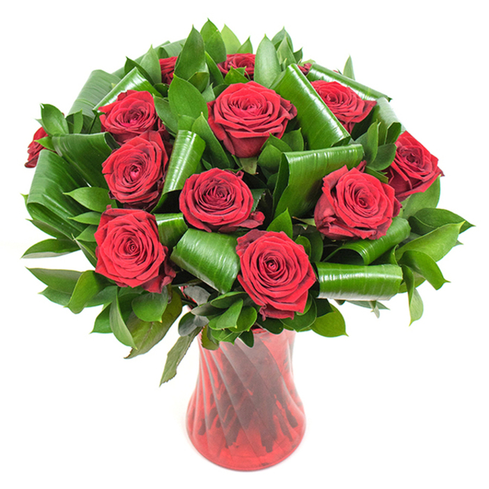 This image captures a luxurious, carefully balanced bouquet of deep crimson roses - twelve or more heads arranged into a dense, rounded mass so that each velvety blossom nestles close to its neighbour, creating a sense of fullness and generosity. The roses' petals are tightly spiralled at the centre and unfurl toward soft outer edges, their surfaces catching the even studio light to reveal a sumptuous velvet texture and subtle tonal shifts from dark burgundy to vivid red. Interlaced throughout the arrangement is plentiful dark green foliage: smaller, glossy leaves provide a verdant backdrop while larger, bright green leaves have been skillfully folded and coiled into elegant, tubular shapes that curl and loop like small green sculptures. Those folded leaves introduce an architectural cadence to the bouquet and help to cradle the rose heads, giving the display both structure and movement. A tall, slender ruby-red glass vase supports the stems; its translucent body bears a delicate, twisted rib pattern that reflects light in vertical streaks and complements the saturated red palette. Against the crisp white background, every detail is pronounced - the sheen on a leaf, the shadow between petals, the glass's reflective highlights - and the overall impression is romantic and refined. A soft, familiar rose perfume can be imagined rising from the cluster, suited to anniversaries, Valentine's notes, or a thoughtful gift for someone in Cobham enjoying a quiet evening by the River Mole. The arrangement reads as classic romance with contemporary floral craft: timeless, tactile and locally made.