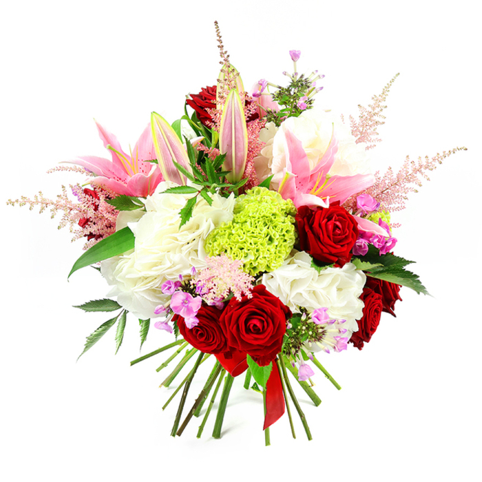 This image shows a luxurious, hand-tied bouquet positioned against a pure white background, its colours and shapes arranged with the kind of refinement you might expect from a seasoned Cobham florist preparing flowers for a family celebration. The bouquet is densely arranged into a rounded form, creating an impression of generous abundance without looking overcrowded. Deep crimson roses appear throughout the central area, their velvety petals tightly layered and spiralling to form rich, romantic blooms that suggest passion and elegance. Woven between them are soft pink lilies, some blossoms fully open with wide, star-shaped petals and golden stamens, others still held in smooth, elongated buds that tilt upwards, indicating fragrance and beauty yet to unfold. A lush cushion of creamy white, ruffled flowers-similar to hydrangeas or large carnations-supports the main blooms, filling any gaps and adding a plush, cloud-like texture that gently diffuses the richer colours. At the heart of the arrangement, a bright lime green sphere of dianthus or Green Trick carnation stands out with its finely textured, tufted surface, lending a modern, playful twist that feels as fresh as the greenery in nearby Painshill Park. Feathery plumes of pale pink astilbe lift and soften the outer edges of the bouquet, their airy, delicate fronds adding height and a whisper of movement. Scattered throughout are small accents of fuchsia and lavender flowers, tucked into the spaces between larger blooms to add depth and subtle layers of colour. Dark green foliage with a gentle sheen peeks from behind petals, grounding the composition and enhancing the vibrancy of the blossoms. At the base, the stems are cleanly cut and carefully tied with a deep red satin ribbon, clearly showing this as a hand-tied design ready for delivery across Cobham as an opulent anniversary gift, birthday surprise, or striking table centrepiece.