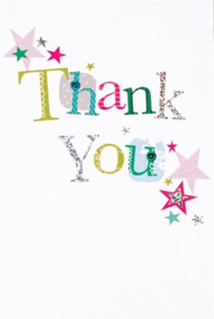 With a quietly exuberant charm, this thank you card echoes the refined, welcoming spirit of Cobham, home to lush gardens and heartfelt connections. Each letter in 'Thank You' is thoughtfully arranged-some with playful polka dots and looping curves, others more demure and graceful-forming an elegant composition across the immaculate white card. The hues, ranging from sparkling pink to deep blue and lively green, hint at the variety of blooms flourishing in Pains Hill Park and along the River Mole, while strands of silver and stitched flourishes lend a sophisticated, artisanal touch. Nearby, clusters of radiant stars in turquoise, pink, and shimmering silver seem to bless the words with warmth and joy, like sunlight glinting on riverbanks after rain. The spacious, modern layout keeps the card bright and airy, offering a contemporary canvas for gratitude. The tactile gloss and raised details invite a gentle run of the fingers, reminiscent of the textures found in a hand-tied bouquet prepared by local florists. Suitable for any occasion that calls for appreciation-be it a thoughtful gift for a neighbour or celebrating a cherished friendship-this card adds a graceful, personal flourish that feels as genuine as a shared smile on a stroll through Cobham's picturesque lanes.