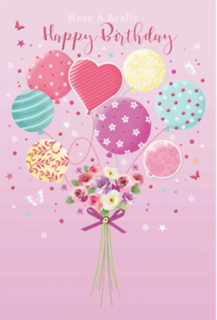 Softly whimsical birthday card artwork that could easily be imagined on display at Flower Delivery Cobham, blending balloons and flowers into a single uplifting design. A gentle pink background sets a serene, celebratory tone, reminiscent of evening skies above the leafy streets around Painshill Park. From the lower edge of the scene, a small but lush bouquet emerges, stems slim and gracefully gathered. The flowers include creamy ivory roses, blush pink blooms, and daisy-like flowers with pale petals and warm centres. Their surfaces are rendered with fine shading, giving the impression of velvety softness and the quiet fragrance of fresh, just-opened blossoms. Wrapping the stems is a purple bow, drawn to resemble satin or organza, its elegant loops and trailing ends adding a polished finishing touch. From this floral base ascends a cheerful cluster of pastel balloons. They float upward in a mix of rose pink, sea green, lavender, and pale yellow, arranged so that their colours blend harmoniously without any one shade dominating. Decorative patterns bring individuality: some balloons are wrapped in flowing stripes that curve around their round forms, others are sprinkled with playful polka dots, and a few are embellished with stylised floral and star motifs. Near the centre, a heart-shaped balloon glows a little more warmly, subtly drawing attention and suggesting birthday love and gratitude. A gentle sense of light plays across all the balloons, creating soft highlights and reflections that hint at their glossy texture. Tiny butterflies and star details hover in the surrounding space, adding a touch of enchantment to the composition. The overall mood is one of affectionate celebration and refined charm, much like a personalised birthday bouquet delivered to a doorstep in Cobham.