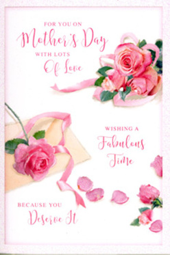 Viewed from above, this Mother's Day card resembles an artist's arrangement of roses and ribbon meticulously laid out on a pristine, pale surface. The background is a gentle white with a hint of warmth, providing a calm stage for the blush-pink roses that dominate the design. These roses are shown in full, romantic bloom: petals layered densely at the centre and then relaxing outward, with soft curls at their tips that suggest a velvety, touchable texture. Shades range from soft baby pink to a slightly deeper rose, mirroring the hues you might see in fresh bouquets prepared in Cobham's high-street florists. Around the main clusters of blossoms, individual petals are scattered in an apparently effortless pattern, as if they've just fallen from a freshly handled bunch. Some petals lie flat, others cup slightly, catching light along their curved edges and giving a sense of depth and movement. A narrow ribbon, coloured a delicate pastel pink, threads its way through the flowers, looping gently around the largest grouping of roses. Its satin finish reflects the soft, even light, adding a subtle shimmer that introduces a sense of luxury and care. Across this floral scene, a Mother's Day greeting is written in elegant, hand-style script, with long, sweeping strokes that feel personal and heartfelt rather than formal. The script weaves visually between the roses and petals, uniting words and imagery into a single expression of appreciation. The atmosphere recalls a peaceful morning in Cobham, perhaps near Cobham Village or Painshill Park, when a mother pauses to open a beautiful card and savour the thoughtfulness behind it, much like admiring a freshly delivered bouquet in her home.