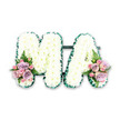 This personalised funeral tribute presents the letters MA in large, floral capitals, set against a simple white background that keeps the focus entirely on the flowers. The M and A are completely filled with tight clusters of white chrysanthemums, each bloom carefully placed to create a thick, cushion-like bed of petals. The chrysanthemums have a soft, almost fluffy appearance, with layers of fine, radiating petals that lend the design a soothing, cloud-soft texture, symbolising purity and remembrance. Around the perimeters of both letters runs a neatly ruffled emerald-green satin ribbon. The ribbon's deep, polished tone provides a crisp outline that defines the shapes of the letters and adds a sense of structure and elegance, much like a frame around a cherished photograph. At the base of the left stem of the M and the lower right of the A, two coordinated floral clusters provide delicate colour accents. Soft pastel pink roses, lilac roses, and tiny pink spray roses gather together in rounded groups, their velvety petals unfolding in graceful spirals. Wispy fern fronds and fresh green foliage peek out from behind these blooms, adding lightness and a touch of natural movement that softens the design. The overall mood is gentle, loving, and respectful, evoking the bond between a family and their mum, mama, or someone whose initials are M.A. In Cobham, this kind of letter tribute would look at home on a hearse flower frame travelling along the High Street, or resting in a chapel near Painshill, offering a final floral message of devotion, gratitude, and peaceful farewell.