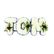 A solemn, hand-built tribute that spells out TOM in large, three-dimensional letters made from tightly clustered white chrysanthemums. Each letter reads as a soft, pillowy surface where tiny petals nestle close together, creating a cloud-like texture that both absorbs light and invites a gentle touch. The clean edges of every character are crisply trimmed in royal blue ribbon, the deep tone providing a defined frame against the pristine whites and lending a quiet dignity to the piece. Within the lower section of each letter sits a symmetrical spray: a single, velvety dark red rose anchors the composition, its rich colour evoking deep affection and mourning. Around that focal rose are smaller creamy ivory spray roses and delicate buds that catch the eye, while slender fern fronds and glossy green foliage weave through the sprays, introducing layers of texture and natural contrast. The letters are mounted on a discreet dark green metal support visible at the base, a purposeful structural line that allows the tribute to stand upright without distracting from the floral surfaces. Photographed against a clean white backdrop under soft, diffused light, the arrangement reads as both formal and intimate. There is the faint, reassuring scent of chrysanthemums and dried rose perfume-a quiet breath in the stillness of a memorial space. As a local florist might assemble for services at Cobham parish churches or for commemorations near Painshill Park and the River Mole, this personalized arrangement balances craftsmanship and compassion, offering a dignified, handcrafted way to honour a life remembered by family and friends.