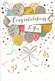 This congratulations card illustration captures the spirit of a joyful Cobham celebration in a refined, understated way, like a toast shared at sunset in a loved one's garden. At the centre of the design is a charming bouquet of balloons, their rounded shapes lightly overlapping as they float upward across the card. The balloons are rendered in coordinated tones of soft gold, cool silver, champagne beige, sky blue, blush pink, and pale grey, with gentle highlights that make them appear softly glowing. Each one is embellished with a distinct pattern-tiny sparkling stars, slim vertical stripes, or scattered glitter-inspired specks-that gives character and a sense of delicate texture. Fine ribbons extend from the base of the cluster, curling downward in thin strands of metallic gold and silver, some looping freely, others hanging more straight, like ribbons drifting in a soft breeze along Anyards Road. An elegant banner glides horizontally through the centre, its edges lightly curled and shadowed for a three-dimensional look. The words Congratulations To You are written across it in fluid, calligraphic letters that communicate warmth and sincerity without needing extra embellishment. All around, the pale background is sprinkled with miniature stars, dots of confetti, and swirling decorative lines in matching metallic tones, lending a sense of movement and celebration without overwhelming the eye. The entire composition feels light, polished, and optimistic-perfect for graduations, promotions, exam successes, or any milestone where pride and happiness deserve to be expressed. It is the sort of card a Cobham florist might tuck beside a fresh, hand-tied bouquet to complete a thoughtful, memorable gift.
