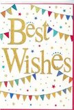 This Best Wishes card looks as though it has been designed for those happy announcements that ripple through Cobham-new jobs, exam results, or a long-awaited move. At its heart, the phrase Best Wishes is written in expansive gold script, the letters flowing like a single, confident stroke of a calligrapher's brush. The gold appears richly metallic and subtly glittered or foiled, lifting the words from the smooth white surface and making them gleam softly, as if illuminated from within. Surrounding this central message, strands of colourful bunting arc across the card, as though strung between garden trees beside the River Mole. Each small triangular flag features bold, saturated hues-bright blues, lively reds, verdant greens, sunny yellows, and warm pinks-decorated with simple, cheerful patterns of stripes, dots, or miniature mosaics. These pennants feel animated, as if gently swaying in a light breeze, imparting a sense of relaxed festivity. Scattered around the bunting and lettering are delicate stars and tiny circular confetti marks in coordinating colours, dotted with an easy, random rhythm that suggests joy scattered in the air. The clean white background offers a generous sense of space, preventing the design from feeling busy and allowing the golden message to remain the focus. The mood is joyful but not loud, polished yet friendly-perfect to slip inside a bouquet delivered across Cobham, whether to a home near Stoke Road, an office, or a school celebration. It conveys warmth, support, and optimism, making it a fitting companion to flowers sent to mark any milestone where heartfelt congratulations and gentle encouragement are needed.