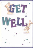 Brimming with playful warmth, this get well card is a beacon of hope for anyone needing care in Cobham. Two adorable figures-a friendly teddy bear with soft, chestnut fur and a bouncy puppy with floppy ears-balance and hold aloft the oversized, expressive letters of 'Get Well.' The words leap from the creamy white background in broad strokes of teal and indigo, echoing the wildflowers found beside the River Mole. Scattered throughout are starbursts of sapphire, violet, and plum, their twinkle suggesting wishes made under Cobham's wide, open skies. The bear's plush fur and the puppy's inviting textures are so vivid you can imagine their gentle, comforting touch-much like the embrace of a thoughtfully arranged bouquet from a trusted local florist. With every detail, this card enfolds the recipient in kindness and reassurance, a gentle nudge toward brighter days ahead in the heart of Cobham.
