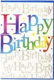 The picture presents a colourful birthday card that feels instantly joyful, like stepping into a lively birthday gathering in one of Cobham's cosy homes. Dominating the centre is the phrase Happy Birthday, displayed in big, rounded letters that glow with a seamless transition of colours. Beginning with rich red tones, the hues gently flow through orange and soft yellow into vibrant green, clear blue and deep purple, creating an inviting rainbow effect that draws the eye across every letter. The colours within each character are softly shaded, giving them a slightly three-dimensional, almost cushiony appearance, as if the greeting were filled with air and ready to float like balloons above a party table. Beneath and around this main message, the background is entirely covered in delicate gold script, where the words Happy Birthday to you are gracefully repeated. The handwriting-style font loops and swirls across the card like a gentle golden melody, forming a subtle pattern that shimmers rather than shouts. The metallic effect suggests that, in person, the script would catch the light beautifully-perhaps glinting in the glow of birthday candles at a celebration near the River Mole. Tiny sparkles and confetti-like dots are scattered through the design, adding flickers of brightness that enhance the party-like mood. The surface of the card looks smooth with a light sheen, giving the colours and gold detailing a refined finish. Overall, this design feels like a small piece of celebration you can hold in your hands, perfect for sending colourful, heartfelt birthday wishes to someone special in Cobham.