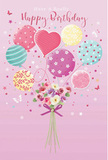 Illustrated birthday card scene where pastel balloons and a dainty bouquet combine to create a moment of joy, as if designed by an experienced Cobham florist for a local celebration. The background is a soothing, soft pink wash that gently fades at the edges, offering a calm stage for the colourful elements. At the base of the design, a hand-tied bouquet nestles, made up of delicate roses and anemone-like blooms in shades of cream, blush, and muted mauve. The petals appear layered and velvety, with subtle gradients suggesting depth and a tender, imagined fragrance. Fine strokes indicate slender stems gathered together, then wrapped with a neat purple satin bow whose loops and tails give a hint of elegant movement. From this bouquet springs a lively cluster of pastel balloons that seems to lift the flowers upward, turning the arrangement into a floating celebration. The balloons are rendered in gentle tones of pink, seafoam green, lemon yellow, and lavender. Each one carries its own decorative pattern: twirling stripes that curve around their shapes, cheerful polka dots that dance across the surface, and small floral or star motifs that echo the bouquet and add cohesion. A heart-shaped balloon occupies pride of place near the centre, radiating warmth and affection ideal for a birthday message. Soft highlights glide along the curved surfaces of the balloons, giving them a glossy, three-dimensional quality, as though they might drift above Cobham High Street on a breezy afternoon. Scattered stars and fluttering butterflies surround the balloons and flowers, lending a dreamy, fairy-tale touch. The whole artwork feels light, uplifting, and lovingly crafted, like a bespoke birthday bouquet ready for delivery throughout Cobham and the nearby villages.