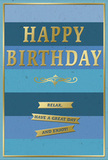 The photograph shows a beautifully composed birthday card whose mix of cool blues and warm gold gives off a mood of serene celebration, the sort of greeting you might place beside fresh flowers on a sideboard in Cobham. The card's front is divided into broad horizontal bands, each stripe a slightly different shade of blue. At the top, a deep, navy-like tone sets a calm, grounded base, gradually yielding to softer denim and ocean blues as the stripes descend, finally reaching a lighter, airy blue along the bottom. This gradual shift in colour creates a layered ombré effect that feels soothing, like watching the sky lighten over the trees near Cobham's quiet lanes. Prominently centered, the words HAPPY BIRTHDAY appear in large, gold, embossed capital letters. They are crisp and evenly spaced, their metallic surface reflecting light and adding a festive shimmer. Just below, a delicate golden flourish stretches horizontally across the card, its curling lines suggesting traditional calligraphy flourishes and lending a touch of refinement. Beneath this flourish, three narrow golden banners are stacked neatly, each ribbon containing part of a gentle wish that together reads: Relax, have a great day and enjoy! Around the edge runs a fine gold border, clean and continuous, framing the entire design. The cardstock looks smooth and firm, with the raised gold elements giving a subtle tactile dimension. Overall, the image conveys a birthday card that is both understated and uplifting, ideal to accompany a thoughtful gift or same-day flower delivery in Cobham for someone who appreciates calm beauty and heartfelt, unhurried birthday wishes.