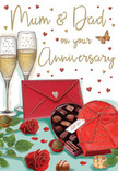 In this expressive anniversary card illustration, the feeling is one of cosy celebration, as if the scene were set for Mum and Dad in a Cobham dining room looking out toward the River Mole. At the front, two luxurious red roses lie on a smooth surface, each bloom fully open and richly detailed, their petals folding and overlapping in velvety layers. A few well-placed green leaves surround them, bringing a fresh garden touch to the otherwise indulgent tableau. Just beyond the roses, a heart-shaped box of chocolates takes pride of place. The box is a deep, romantic red, its lid tipped back to reveal a tidy selection of chocolates, each one nestled in a gold-tinted paper cup that catches the surrounding light. Wrapped around the box is a wide red ribbon, tied into a flowing bow whose soft folds create a sense of movement. Behind this, two champagne flutes stand closely together, their slender stems and clear bowls reflecting gentle highlights. They are half-filled with golden champagne, where small, lively bubbles rise steadily, suggesting the soundless clink of glasses raised in a toast after a relaxed stroll through Painshill Park. Around the composition, small hearts in crimson and shimmering gold float across the background, dancing around handwritten anniversary wishes lovingly dedicated to Mum and Dad. To one side, a scarlet envelope is placed with care, its pointed flap hinting at a handwritten message full of appreciation and shared memories. The entire scene glows with soft, warm light, blending the sensual pleasures of roses, fine chocolate, and sparkling champagne with the emotional warmth of family, familiarity, and years of life lived together in Cobham. Prepared with the eye of a florist, it feels both elegant and sincerely heartfelt, like a cherished moment paused on paper.
